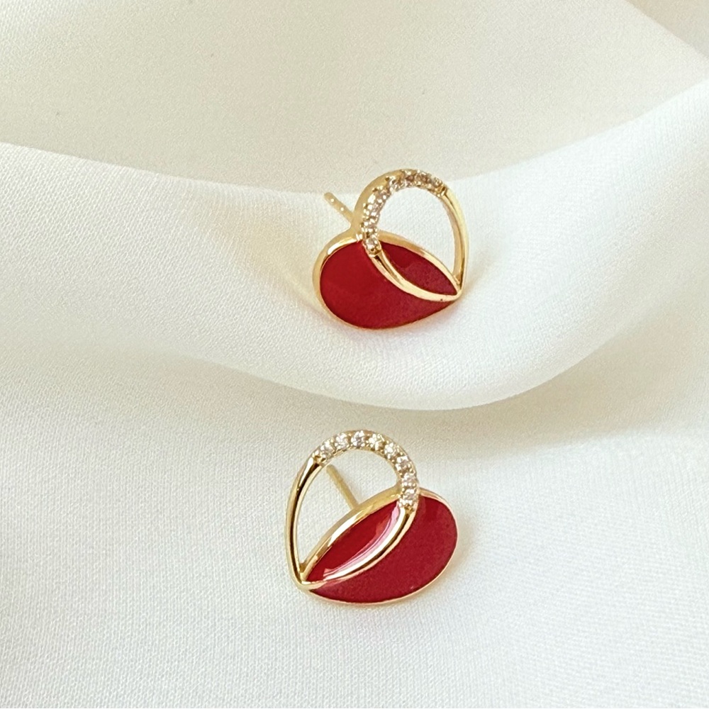Heart Half Enameled & Half Zircon Earrings | 14k Gold Plated Waterproof Jewelry